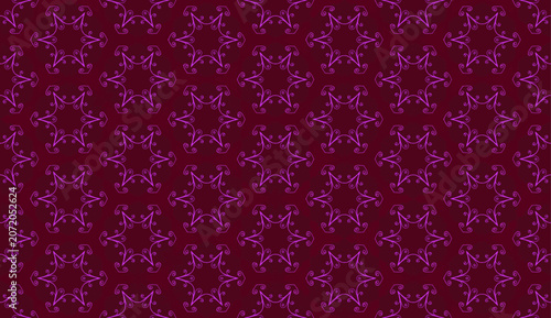 Continuous Floral Star Motif Pattern - Seamless Neon Pink Geometric Ornaments on Maroon Texture Background