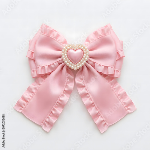 Elegant light pink fabric ribbon bow featuring a decorative heart charm surrounded by tiny pearls