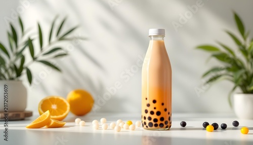 Bubble tea with tapioca pearls, modern beverage branding image