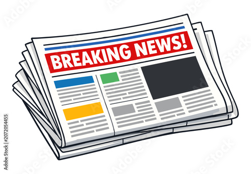 Newspapers stacked display a breaking-news headline, symbolizing urgent information, current events, communication, and journalism