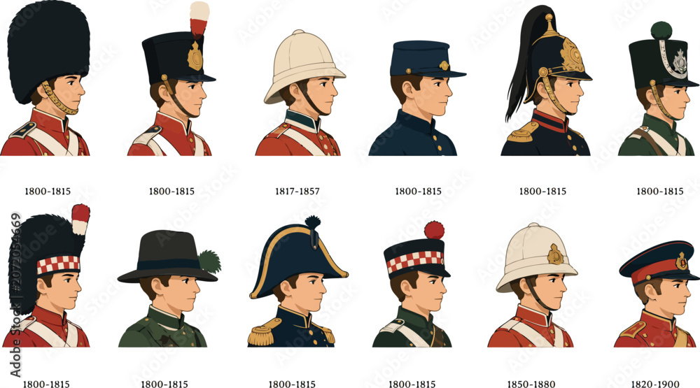 Fototapeta premium Vsai british army military uniforms evolution through history illustration