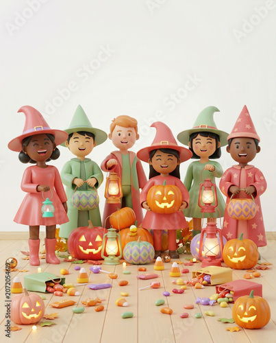 Cartoon Halloween characters with pumpkins and sweets