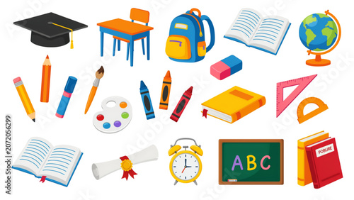 Photos Colorful educational school supplies and tools flat illustration