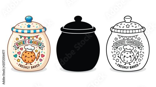Kawaii cookie jar vector set, ceramic sweet treats canister with cute biscuit character, black silhouette and line art kitchen storage icons