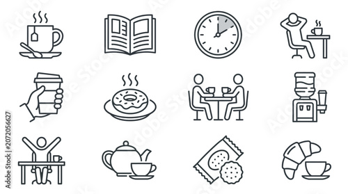 Coffee break and cafe culture line icons.