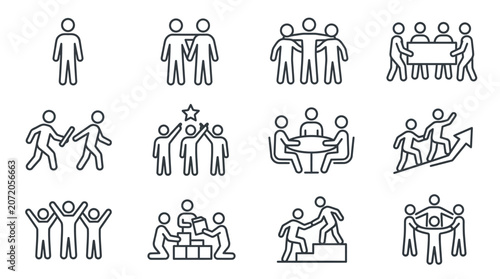 Collaborative workforce and employee interaction icons.