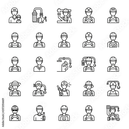 Collection of diverse plumber and technician avatar icons.