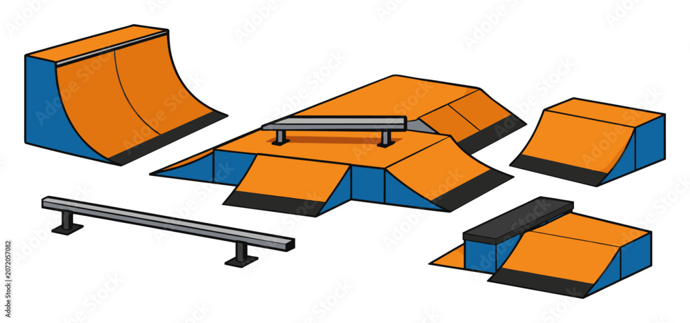 Obraz premium Modular skate-park obstacles designed for skateboarding, BMX, and scooter riding, showcasing urban extreme-sport action