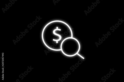 Minimalist neon outline animation of a dollar coin with magnifying glass icon loop.