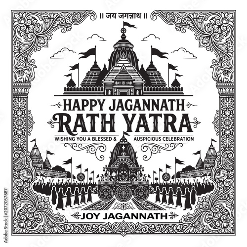 Happy Jagannath Rath Yatra greeting card vector illustration with puri temple and chariots procession