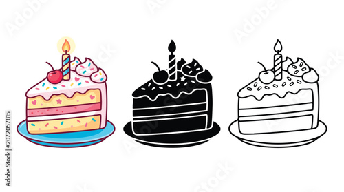 Birthday cake slice vector set, sweet dessert with candle and cherry icons, colorful and black line art illustrations for celebration and party design
