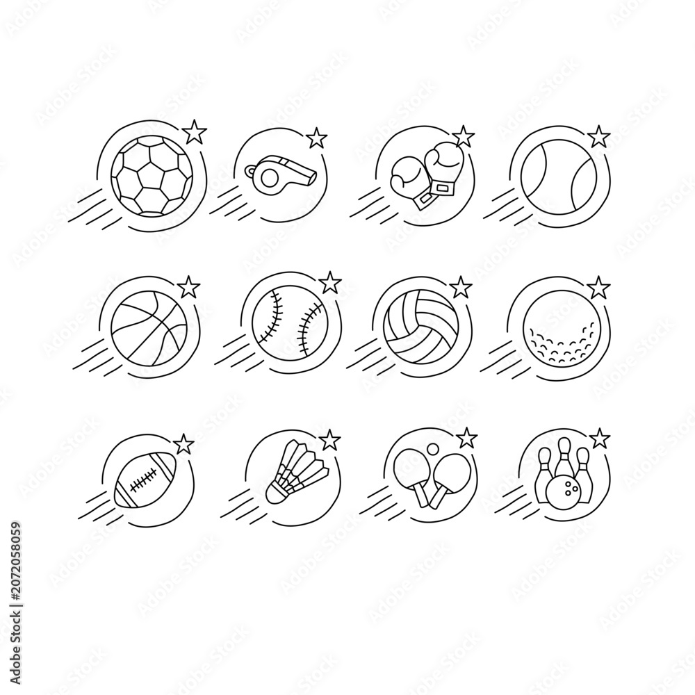 Obraz premium Sports equipment and game balls line art icon set