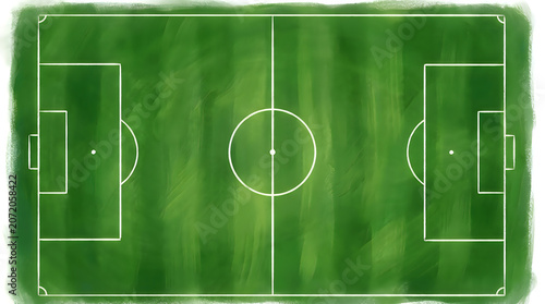 Green grass football field top view with white lines showing pitch layout for sports competition game soccer stadium ground surface empty athletic play area for championship match play.
