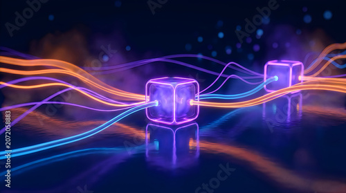 Digital abstract data blocks glowing with vibrant blue and orange neon light trails floating in virtual space representing blockchain network connectivity and modern cloud computing.