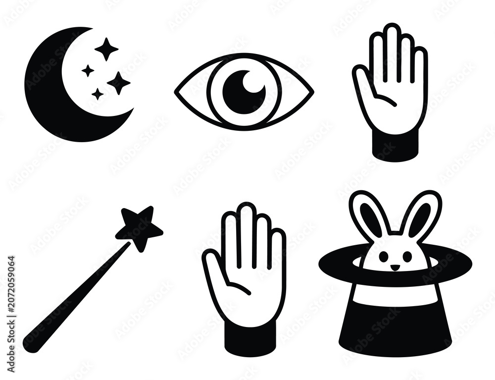 Fototapeta premium A collection of black and white featuring magic, celestial, and human hand symbols for creative projects