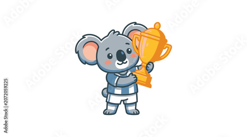Photography Smiling koala mascot holding a large gold trophy.