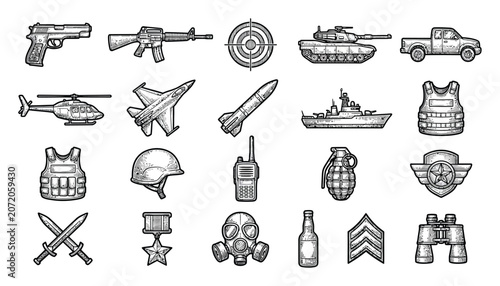 Canvastavla Set of hand-drawn military and war featuring vehicles, and tactical gear