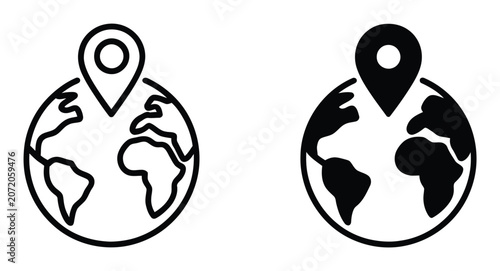Two black and white globe with location pin markers representing global navigation and travel concepts