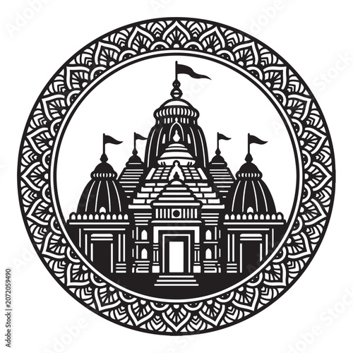 Jagannath temple Puri vector illustration inside circular mandala border for Rath Yatra festival