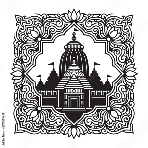 Jagannath temple Puri vector illustration with traditional mandala border for Rath Yatra festival