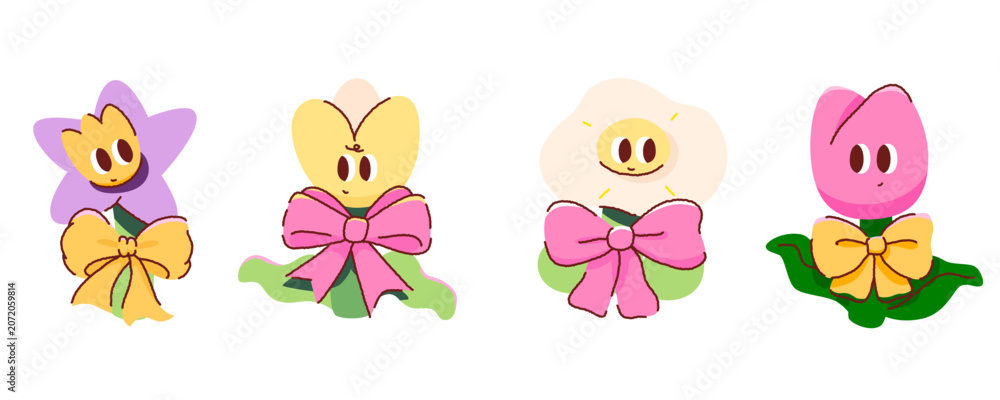 Fototapeta premium Cute hand drawn flower characters vector illustration set. Kawaii doodle floral collection with pink and yellow ribbon bows isolated on white background.