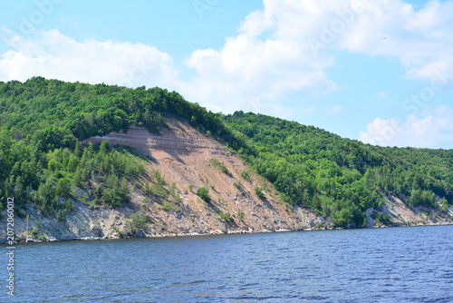 Lush Green Forested Hills Along a Riverbank with blue sky and clouds