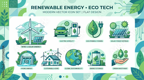Renewable energy and eco technology infographic with solar, wind, hydro, recycling, and sustainable development icons. Educational environmental vector illustration.