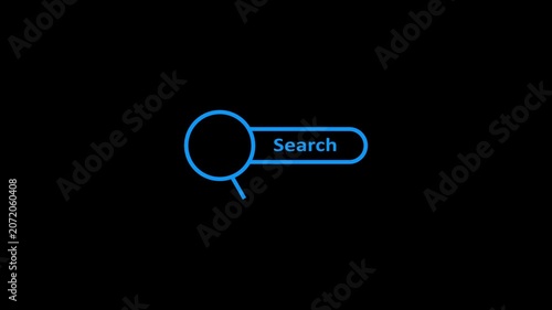 Animated blue search bar icon appears with magnifying glass loop for web interface.