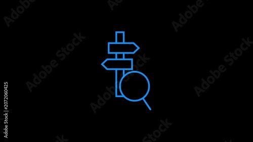 Neon blue signpost icon with search magnifier animation for digital navigation app.