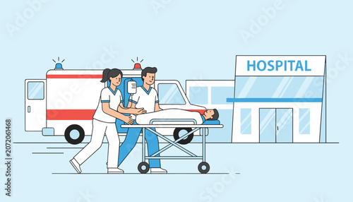Paramedics pushing an injured patient on a stretcher toward the hospital entrance with an ambulance parked behind.
