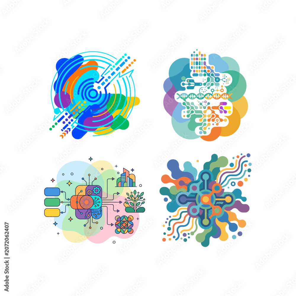 Naklejka premium Abstract Digital Technology Infographic Elements Set Featuring Colorful Geometric Patterns