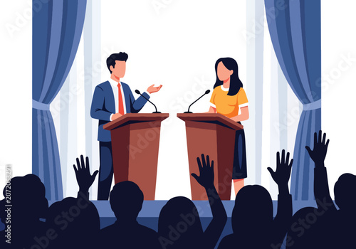 Фотография Flat style vector illustration of political candidates debating on stage before voters during an election campaign event