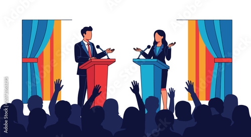 Tableau sur toile Flat style vector illustration of political candidates debating on stage before voters during an election campaign event