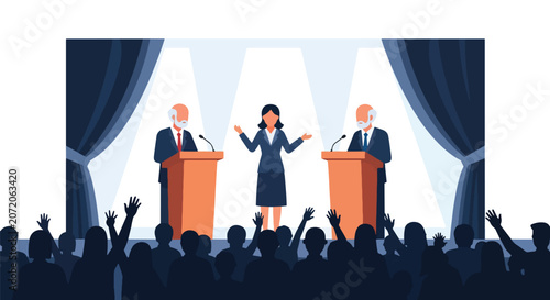 Foto Flat style vector illustration of political candidates participating in a moderated debate forum before a live audience