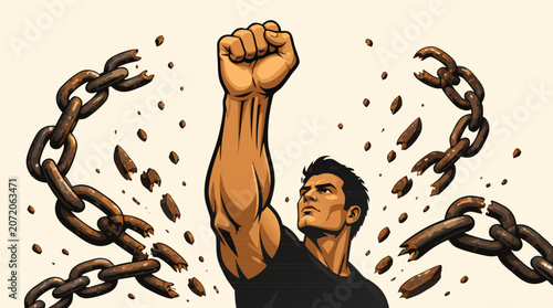A powerful muscular fist breaks through iron chains in this bold clean flat vector illustration on a light background, conveying freedom, strength, and liberation ideal for social justice and empowerm