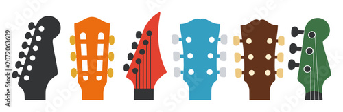 Set of diverse guitar and bass headstocks featuring string tuners, nut, and string winding pegs in a flat style