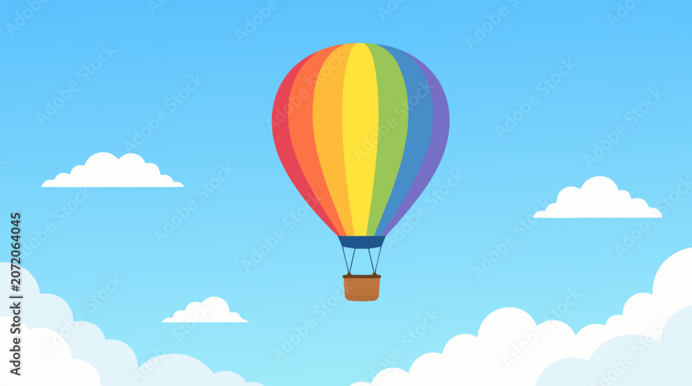 Fototapeta premium Rainbow-striped hot air balloon with a wicker basket floating in a blue sky with white clouds, a flat vector illustration ideal for adventure and travel themes on a light background.