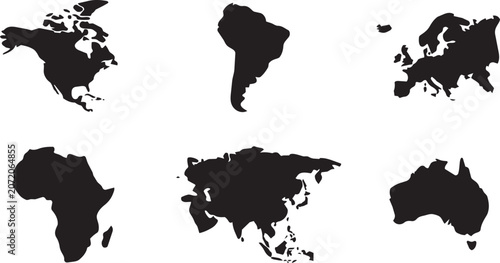 World Continents Silhouette Icon Set: Global Geographic Collection