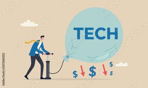 Schilderij op canvas Technology, overvalued stock causing by economic crisis and greedy investors con