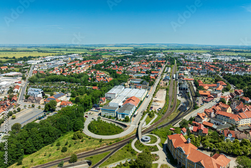 Bild auf Leinwand Aerial view of Wernigerode city center, railway station and spiral pedestrian br
