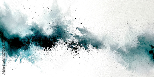 Foto Abstract teal and black dust explosion effect with particles on a white backgrou