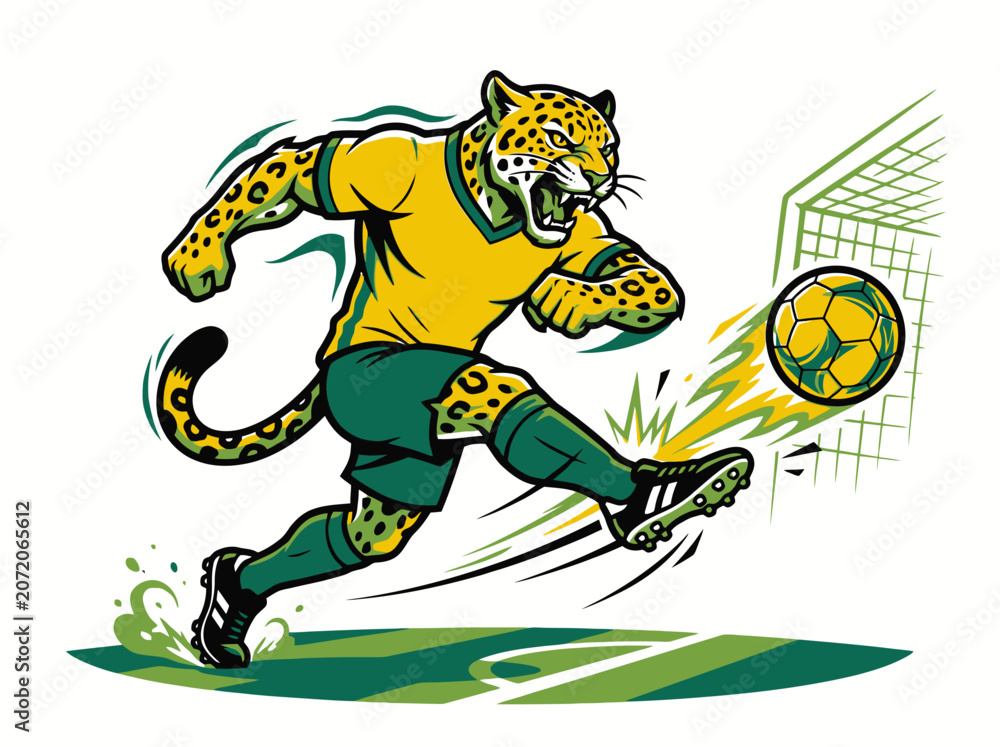 Fototapeta premium A jaguar wearing a yellow jersey kicks a soccer ball with force on a green field near a goalpost in a dynamic action scene.
