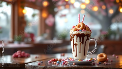 Gourmet milkshake overflowing with toppings, a trendy dessert café concept