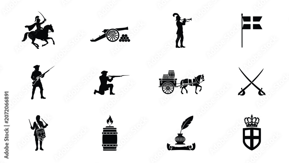Obraz premium Historical silhouette icons featuring military equipment soldiers and royal heraldic symbols.
