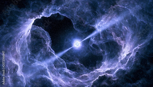Cosmic nebula explosion with radiant light beams and glowing gas clouds in stunning deep space artistic composition