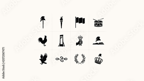 Foto French revolution historical icons set featuring national symbols and patriotic emblems