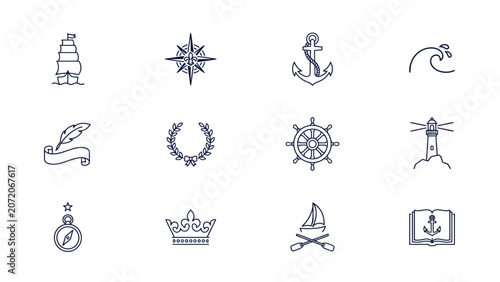Obraz na płótnie Nautical theme outline icon set featuring ships compasses anchors and maritime objects
