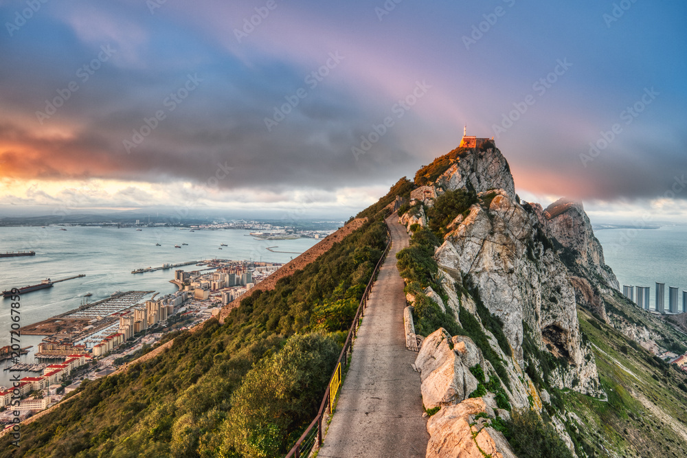 Naklejka premium Aerial View from Rock of Gibraltar Summit at Sunset