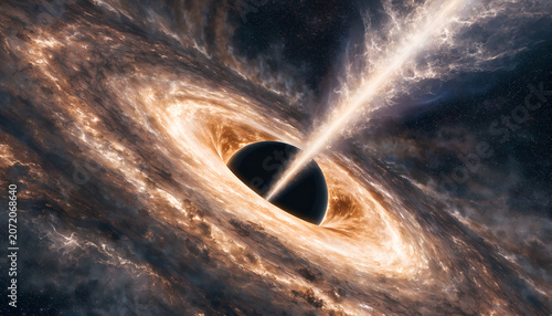 Cosmic vortex of a supermassive black hole ejecting energetic jets in a dramatic space nebula with swirling gas
