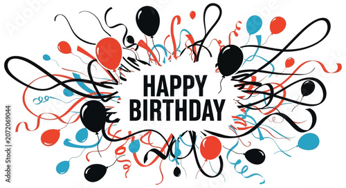 Vibrant happy birthday celebration with balloons and ribbons